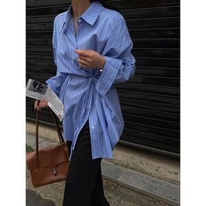 Commense Oversized Striped Print Button Front Shirt with Waist Tie light blue XS